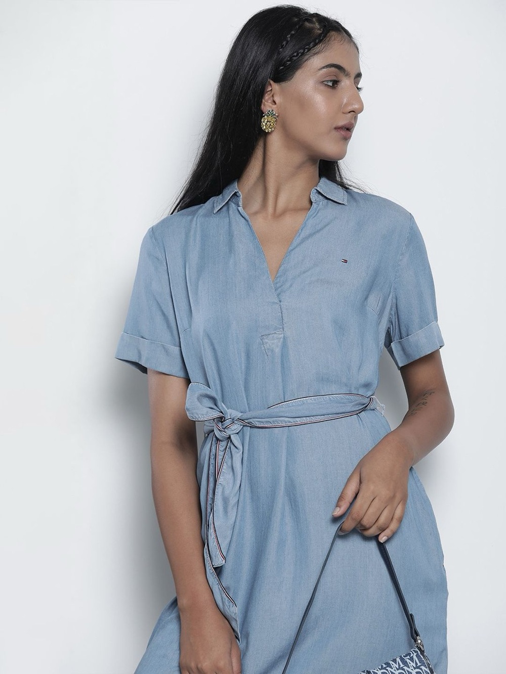 Tommy Hilfiger Light Blue Chambray Midi Dress with Tie Waist